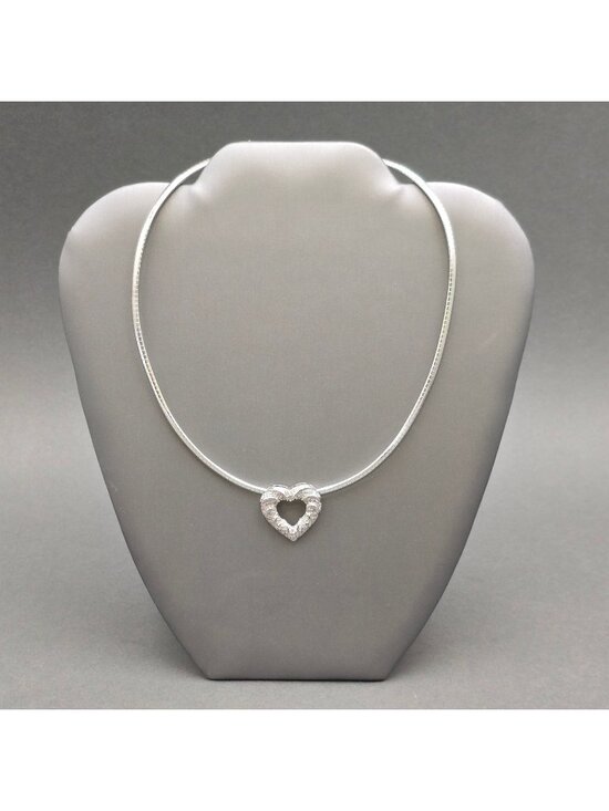 OTC Jewelry - Sterling Silver Omega Chain Choker White Diamond Heart Pendant Necklace